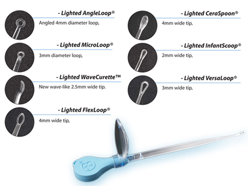 Bionix and Gima ear curettes, LIGHTED MIXED CURETTES with lens and LED illuminator