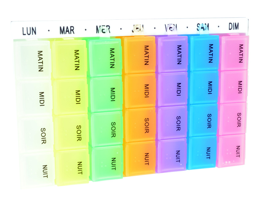 Pill splitters, crushers, boxes, 7-DAY EASY PLANNER x4 - French