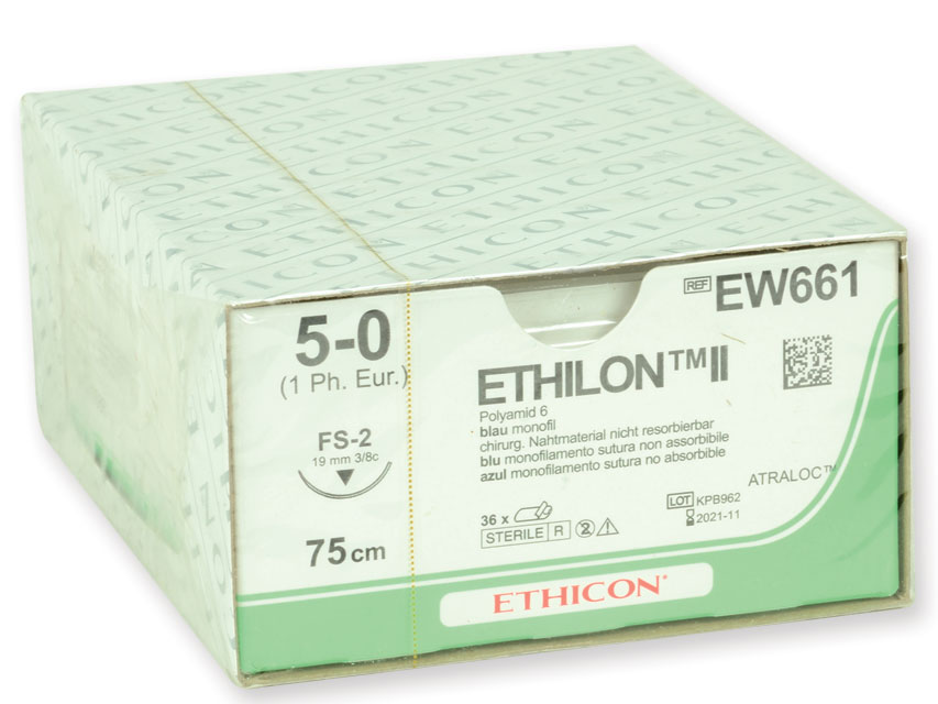 Šujamais materiāls, ETHICON ETHILON MONOFILAMENT SUTURES - gauge 5/0 needle 19 mm