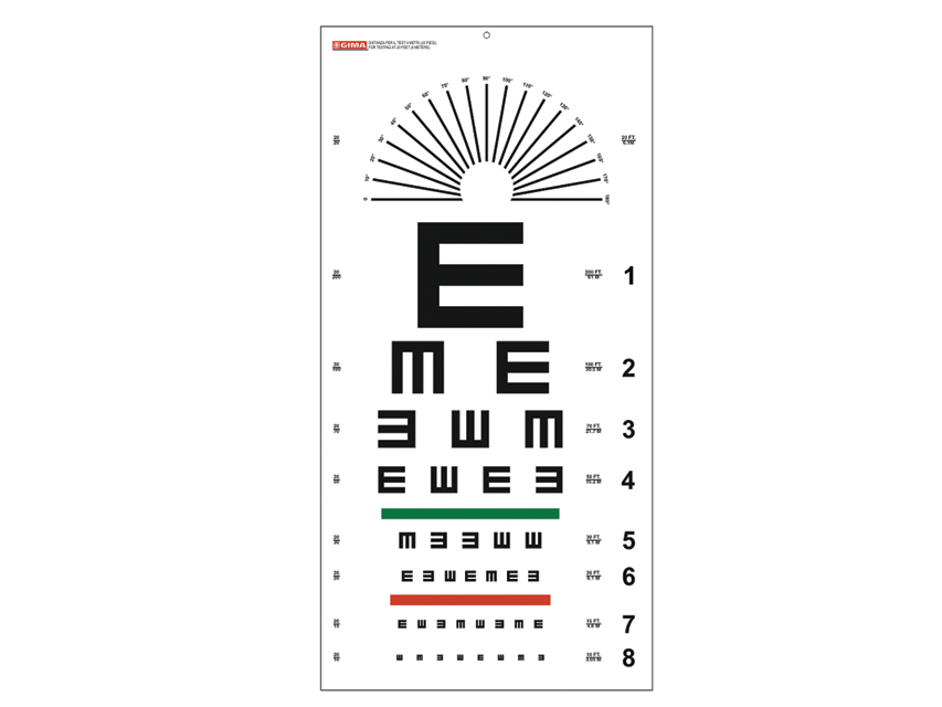 Redzes pārbaudes tabulas, Tumbling E optometriskā tabula - 6 m - 28x56 cm
