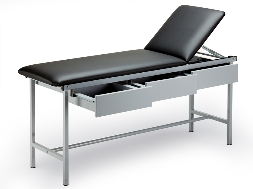 Mehāniski regulējamas, Pelēki krāsota izmeklēšanas kušete ar 3 atvilktnēm.