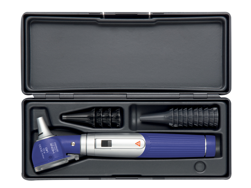 Dermatoskopi Heine, HEINE MINI 3000 F.O. LED OTOSKOPS ar atkārtoti lietojamiem uzgaļiem un futlāri. Zils. D-885.20.021