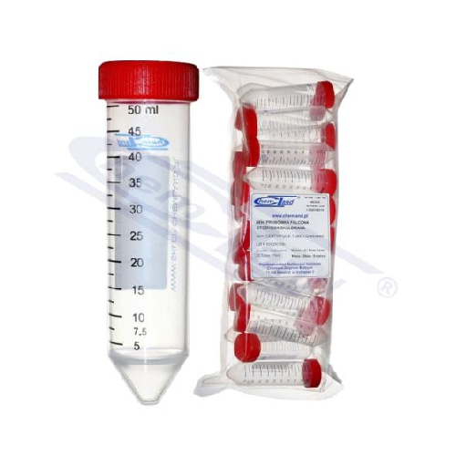 Mēģenes virs 20.1 ml, 50ml,graduētas, ar sarkanu skrūvējamu vāciņu N25