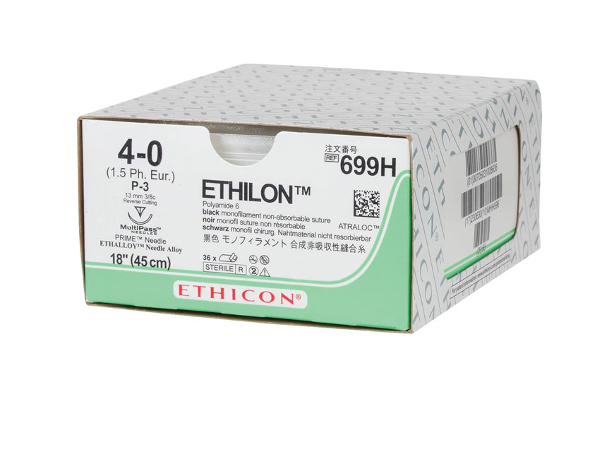 ETHICON, ETHICON ETHILON monofilamenta šūšanas diegi.Izmērs 4/0 adata 13 mm