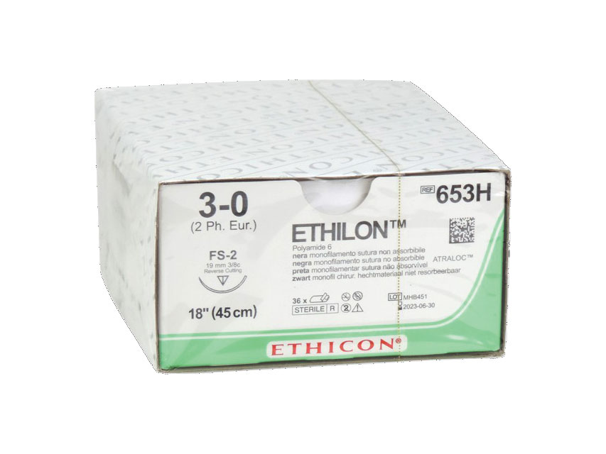 ETHICON, ETHICON ETHILON monofilamenta šuvju diegi.Izmērs 3/0, adata 19 mm FS-2