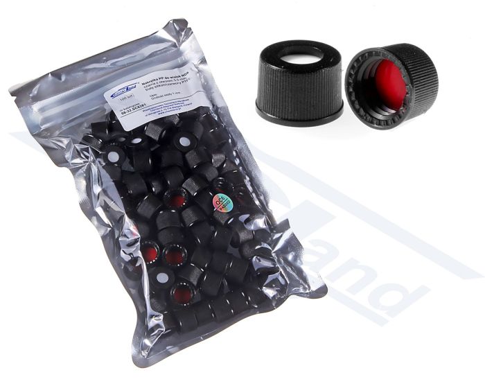 Skrūvējams vāciņš PP flakoniem ND8 ar caurumu 5,5mm, melns, septes balts silikons / sarkans PTFE, 100 gab., pgk.100 gab.
