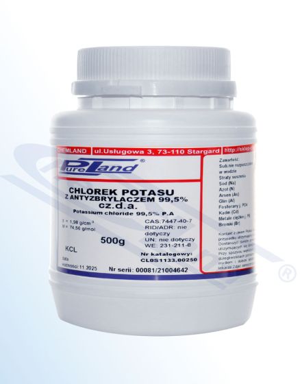 Pottasium chloride with anti-caking agent (sio2) PureLand p.a. pgk. 500g HDPE bottle